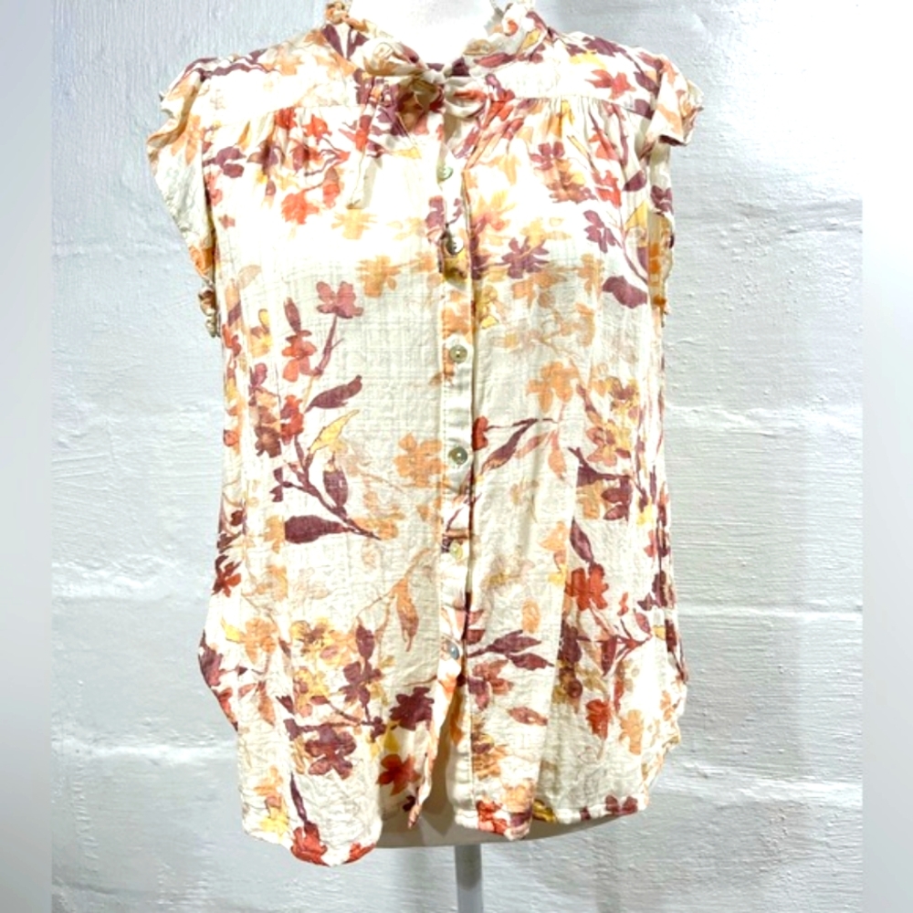 Lovestitch Floral Button-Up Top - Cream and Orange